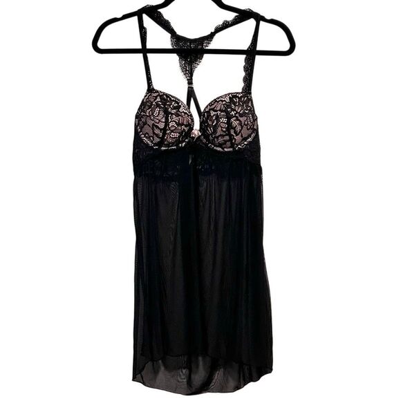 Daisy Fuentes Babydoll Lace Sheer Lingerie Black & Pink Padded Push Up Bra NWOT - Picture 1 of 11